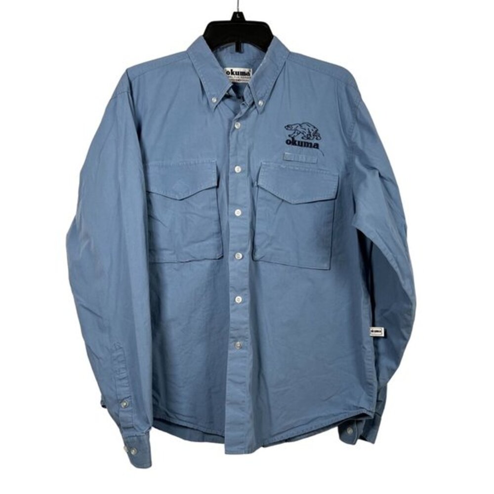 Okuma performance long sleeve blue medium button up fishing shirt‎ logo cotton